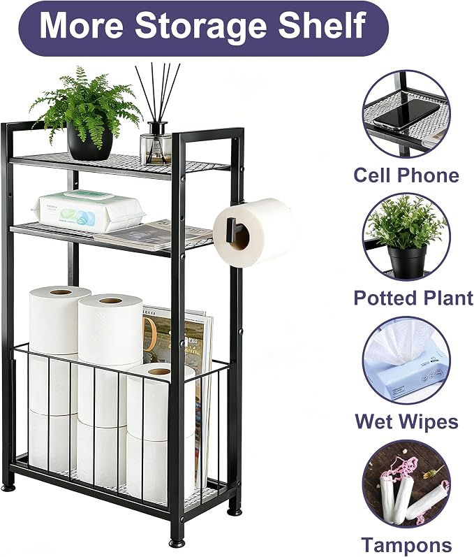 Free Standing Toilet Paper Holder with Shelf, Adjustable Feet Bathroom Toilet Paper Holder Stand for Narrow Space, Roll Dispenser Tissue Holder, Holds Multiple Rolls and Keeps Paper Dry and Clean