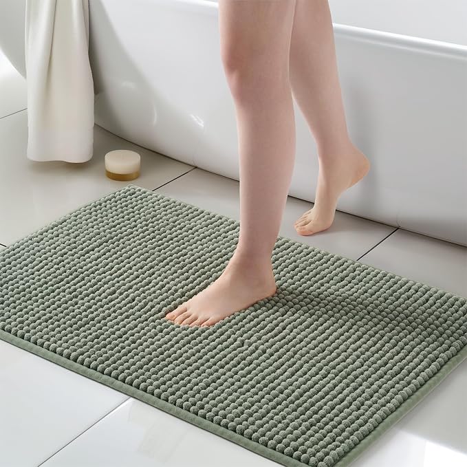FRESHMINT Thick Chunky Chenille Bathroom Rug, Sage Green, 24"x36" | Non-Slip Backing, Water Absorbent Surface, Machine Washable Care, Cushioned Comfort, Bathroom Floor Use