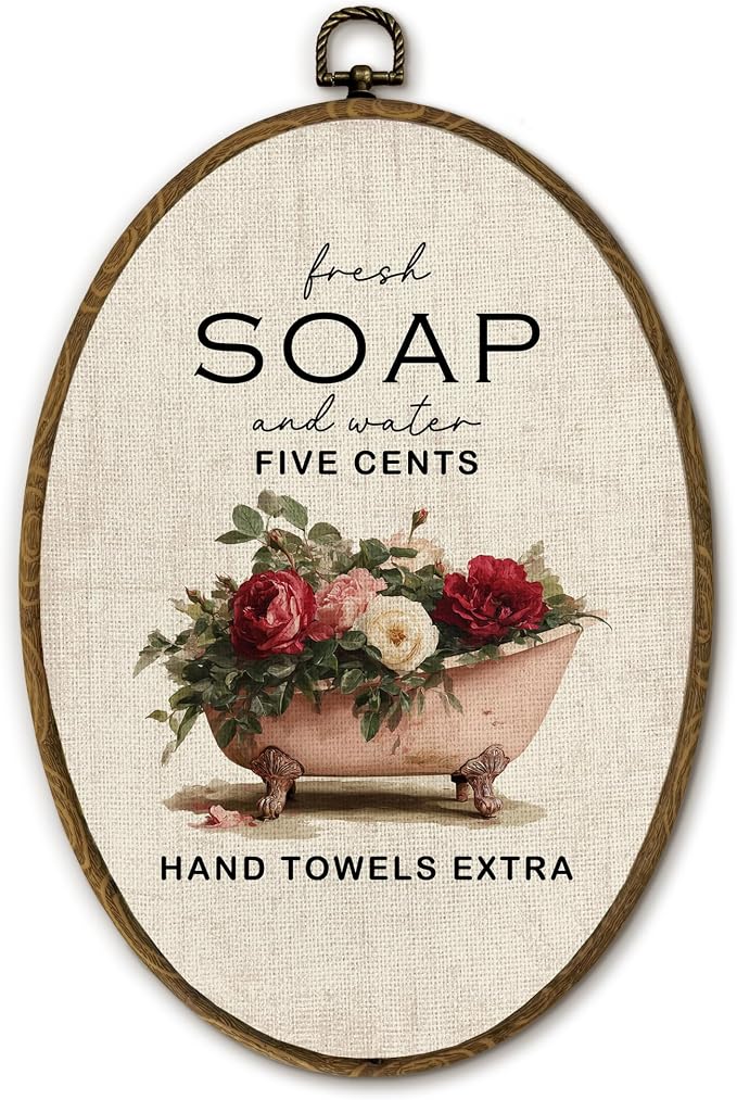 Yjeslw Vintage Rose Floral Bathroom Oval Wall Art Decor, Rustic Farmhouse Canvas Prints Framed, Cottagecore Neutral Flower Bathtub Wall Hanging Decor for Bathroom Washroom Decor, 8.6x11.4 In
