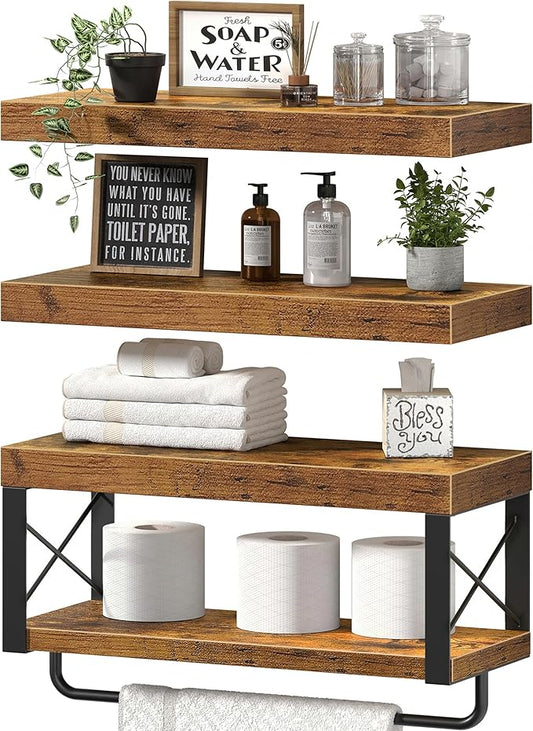 QEEIG Bathroom Shelves Over Toilet - Floating Shelf for Wall Toilet Paper Storage Farmhouse 16 inch Set of 3, Rustic Brown (029-40BN3)