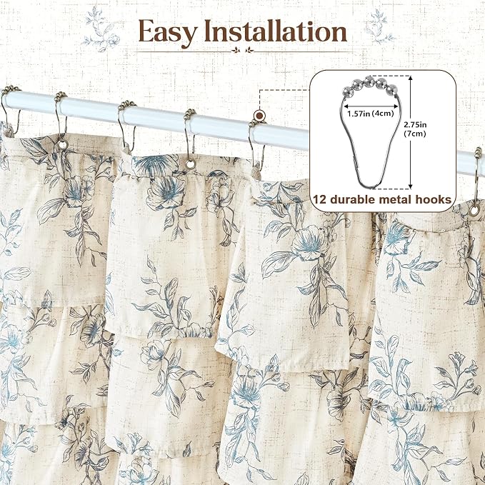 Extra Long Farmhouse Ruffle Shower Curtains with Blue Floral, 72"Wx90"L | French Country Vintage Rustic Washable Waterproof Shower Curtain for Bathroom Bathtub, 12 Metal Hooks