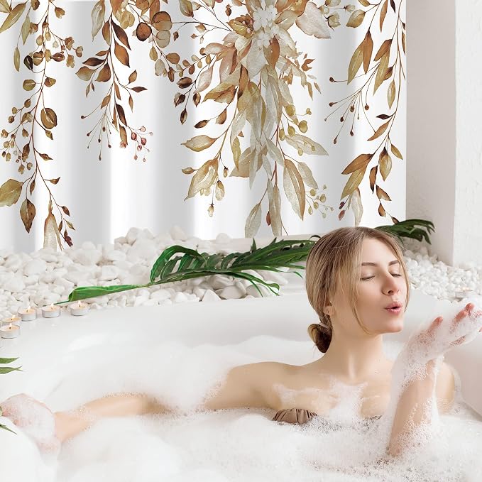 Brown Eucalyptus Shower Curtain, Watercolor Floral Print, 72x78 | Watercolor Plant Leaves Floral Print, Long Waterproof Fabric Bathroom Decor, Machine Washable, Rustproof Grommets