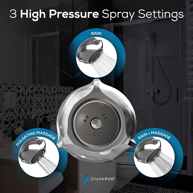 SparkPod High Pressure Shower Head, 3 Inch Fixed Showerhead, Chorme | Rain, Pulsating & Combo Modes, Helps Boosts Low Water Pressure, Anti-Clog Nozzles, Easy Install