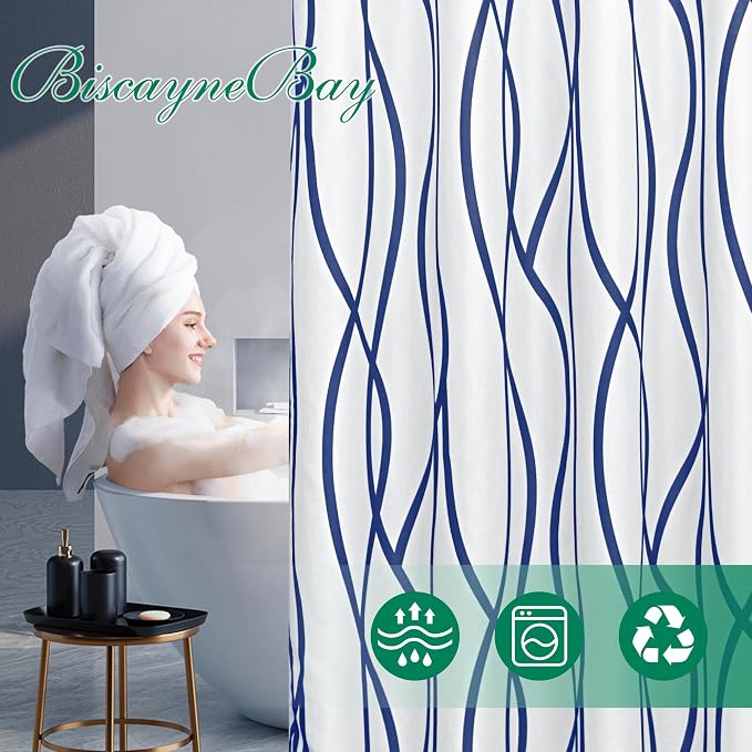 Biscaynebay Extra Long Textured Fabric Shower Curtain 72 W x 84 L, Navy Striped Printed Linen Modern Hotel Luxury Quality Cloth Bathroom Curtains Machine Washable