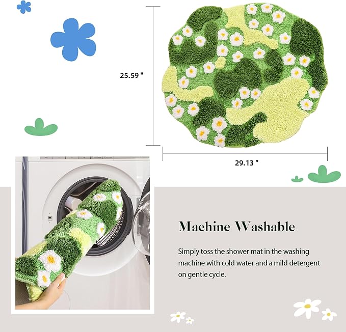 YIKUSH Moss Rug, Cute Green Plant Bath Mat with White Flowers, 29x26 Inch | Round Rugs, Bathroom Decor Aesthetic, Absorbent, Machine Washable, Non Slip Bath Mat for Bedroom Shower Floor Home Decor