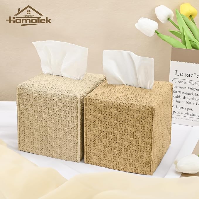 HOMOTEK 2 Pack Tissue Box Cover, Square PU Leather Tissue Holder, Decorative Facial Tissue Cube Paper Organizer Dispenser for Bathroom, Night Stands, Desk, Car 5X5X5'' - Rattan Weave,Camel