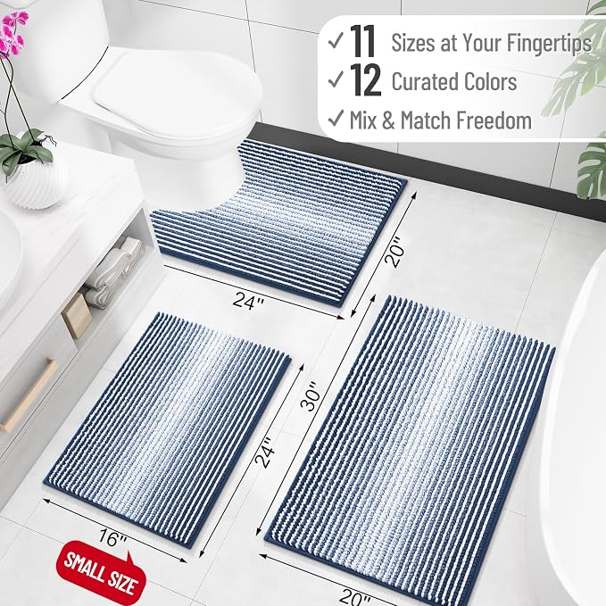 OLANLY Bathroom Runner Rugs 47x17, Soft Chenille Striped Bath Rugs, Navy | Extra Absorbent, Rubber Backing, Machine Wash Dry, Bath Mats for Bathroom Floor, Tub and Shower, Home Decor Accessories