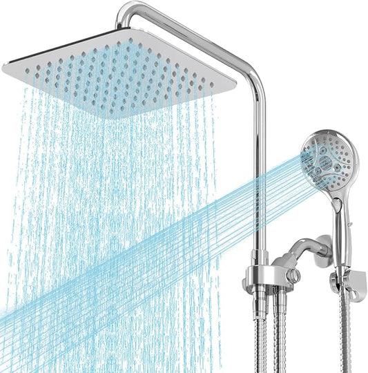High Pressure Rain Shower Head Combo: Upgrade Dual Shower Head,10" Fixed Rainfall Showerhead,7 Spray Handheld Shower Heads,Adjustable Bar(Up to 13.4"),71" Hose,Tall People Friendly,Chrome