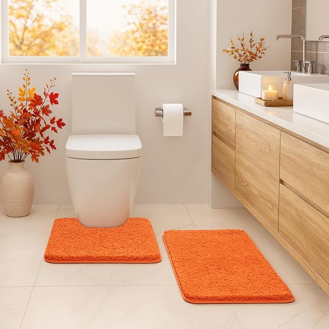MIULEE Fall Orange Microfiber Toilet Bath Rug U-Shaped Contour 20x24 Inch | Absorbent, Non Slip, Quick Dry, Fluffy Bath Rugs for Bathroom Floor Tub Showers, Machine Washable