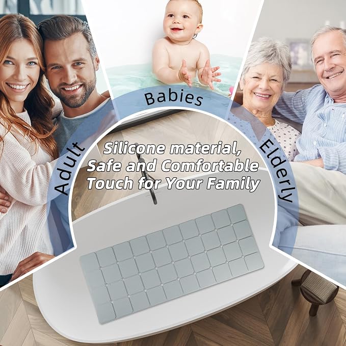 Bathtub Mat Non-Slip Silicone Soft Odorless Large Bath Mat No Suction Cups for Refinished,Reglazed and Textured Shower Mats Non Slip Extra Long Tub Mat (16x40inch Grey)
