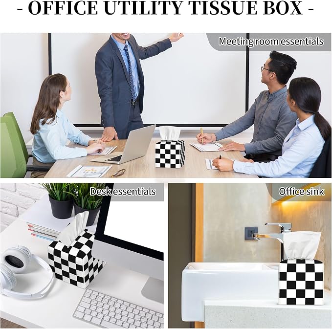 Black and White Checkerboard Tissue Box Cover Square,Square Grid Checkered Tissue Box Holder Waterproof Leather Facial Paper Organizer Dispenser for Bathroom Home Car Nightstand Vanity Desk