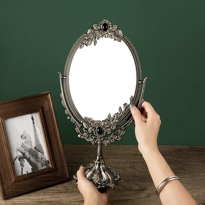 Feyarl 15 inch Vintage Makeup Mirror Floral Tabletop Oval Vanity Mirror with Stand Dressing Room Swivel Double Sided Elegant Decorative Mirror Embossed Frame