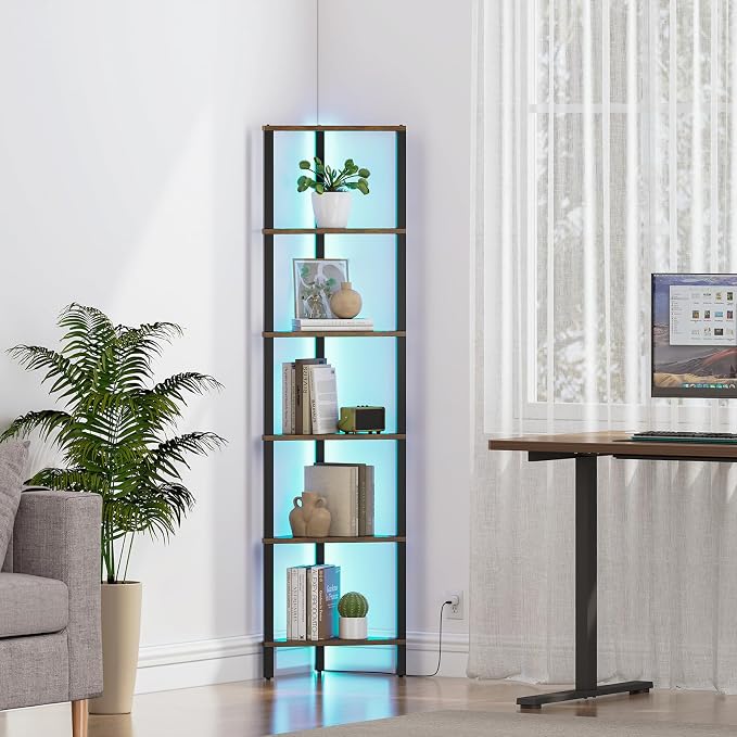 TUTOTAK Corner Shelf with LED Light, 6-Tier Corner Bookshelf | for Small Space, Narrow Display Corner Shelf Stand with Storage Rack, for Living Room, Bedroom, Rustic Brown BS05BB006L