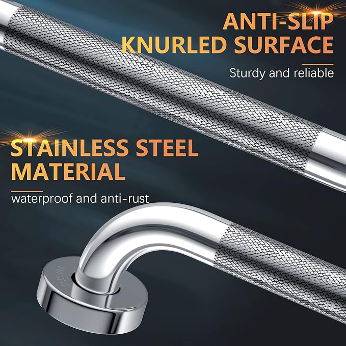 12 Inch Chrome Grab Bar, Grab Bar for Bathtubs and Showers | Anti-Slip Knurled Grip, Stainless Steel, Bathroom Handle for Senior Elderly, Balanced Assist Bar, Wall Mounted Handicap Bars
