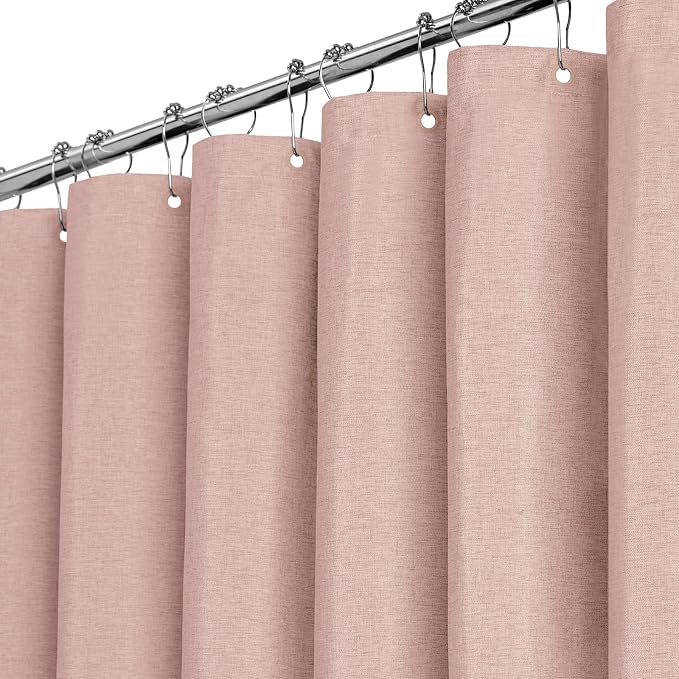 Long Linen Textured Waterproof Thick Shower Curtain Set, 72x84, Blush | Tall Size, 230GSM Polyester, Heavy Duty Cloth, Weighted Hem, 12 Plastic Hooks, Modern Luxury Hotel Style, Machine Washable