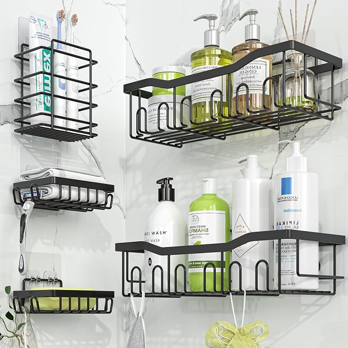 Simple Trending Shower Caddy, 5 Pack Stainless Steel Shower Shelves | Rustproof Shower Organizer with Large Capacity, No Drilling Bathroom Organizer Adhesive, Black Metal Storage Basket