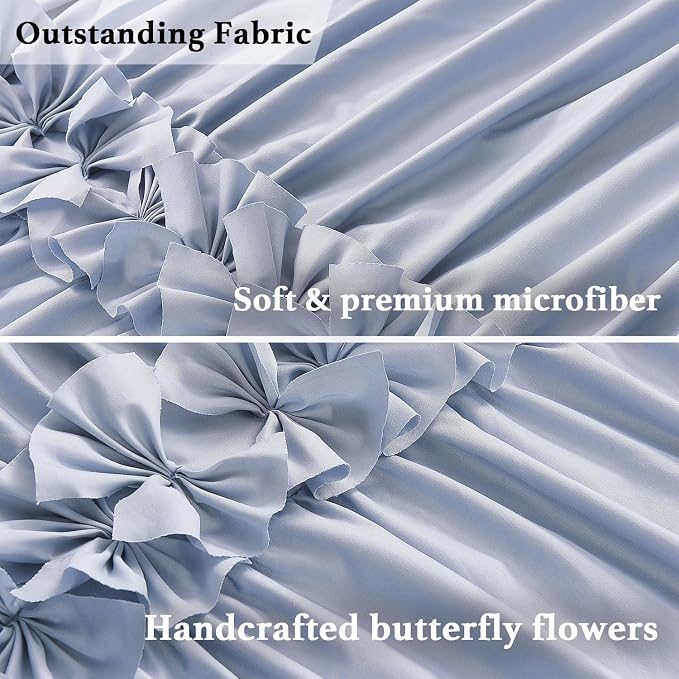 Fog Blue Ruffle Shower Curtain, Vintage Handcrafted Bow Tie Bath Curtain for Master Bathroom, Ruched Microfiber Bathroom Curtain with 12 Buttonholes, 72" W x 72" H (LQ-10)