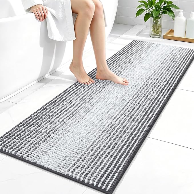 OLANLY Bathroom Runner Rugs 47x20, Soft Chenille Striped Bath Rugs, Grey | Extra Absorbent, Rubber Backing, Machine Wash Dry, Bath Mats for Bathroom Floor, Tub and Shower, Home Decor Accessories