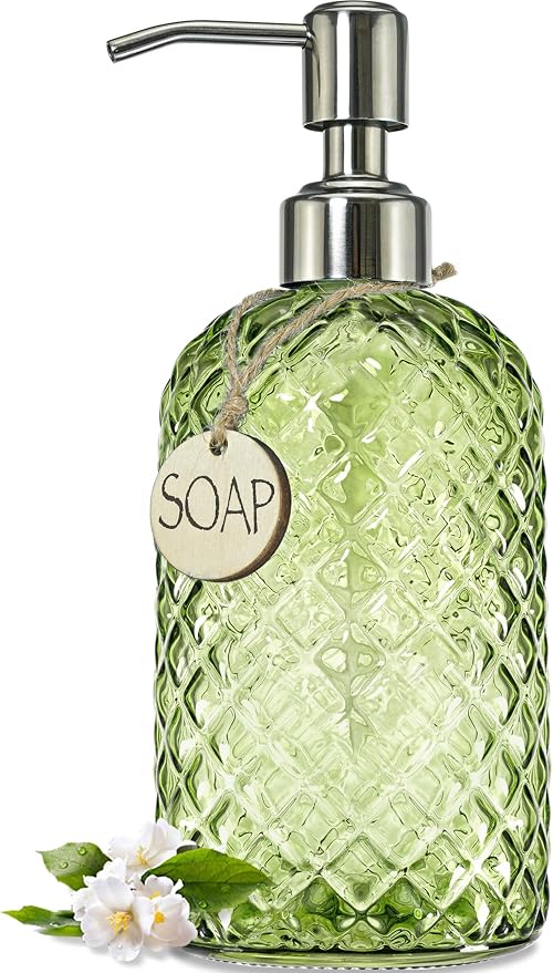 JASAI 18Oz Tea Green Soap Dispenser with Rust Proof Pump | Refillable Glass Soap Dispenser for Bathroom & Kitchen to Dispense Dish Soap, Hand soap, liquid Soap, Lotion.
