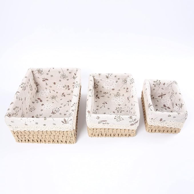 YRHOME YRMT Storage Baskets Set of 3,Decorative Paper Rope Woven storage Baskets with Liner,Rectangular Storage Bins Container for Makeup Bedroom Shelves Organizing,Home Deco, Beige