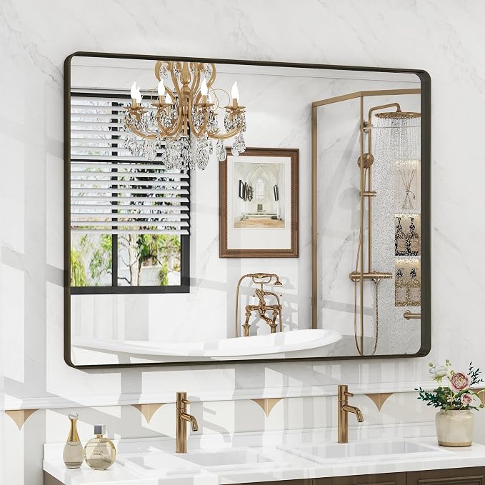 40x30 Bronze Framed Bathroom Mirror | Brushed Bronze Metal Frame, Rounded Rectangle Vanity Mirror, Anti-Rust, Shatterproof, Hangs Horizontally or Vertically