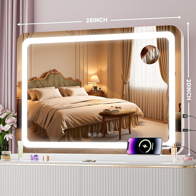 Vanity Mirror with Lights, 28" x 20" LED Makeup Mirror with 10X Magnification, Dimmable 3 Modes, Memory Function, Smart Touch, USB Charging Port, Lighted Makeup Mirror Round White