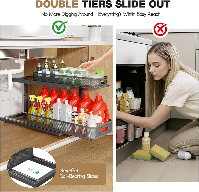 2-Pack 21.3 IN Depth Under Sink Organizer With Next-Gen Ball-Bearing Slides,Sophisticated Mesh 2-Tier Pull Out Shelf for Kitchen & Bathroom,Fits Small Items-Gun Gray