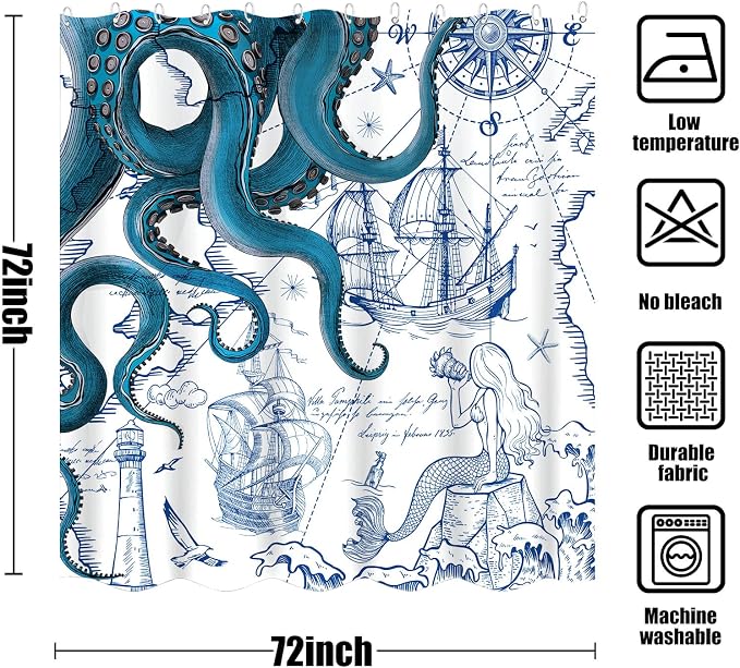 Fungarth Blue Nautical Octopus Shower Curtain Navy Mermaid Funny Ocean Kraken Shower Curtains for Bathroom Cool Anchor Coastal Map Waterproof Fabric Bath Curtain Decor with Hooks (Blue, 72” x 72”)