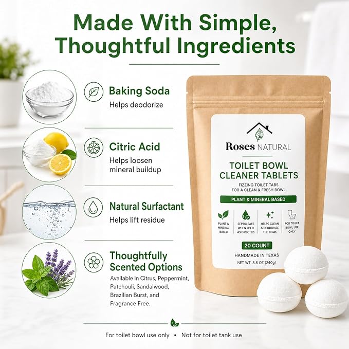 Toilet Bowl Cleaner Tablets, 20 Count – Removes Hard Water Rings, Stains & Odors | Bleach-Free, Plant-Based & Septic Safe | 7 Scents | Handmade in Texas (Patchouli)