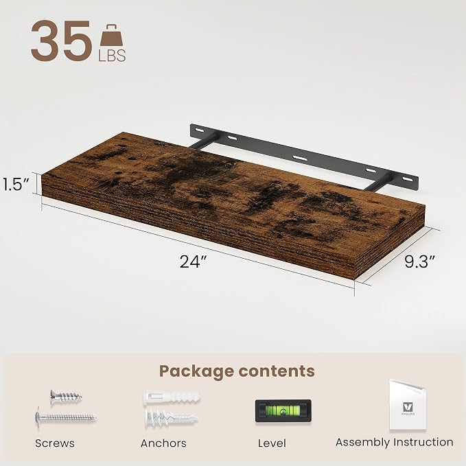 Vivelove Floating Shelves 9 inch Deep 24”Long Set of 2, Rustic Brown | Easy Install With Hardware, 1.5" Thick, Invisible Brackets, Wall Mounted, No Sagging, For Any Room