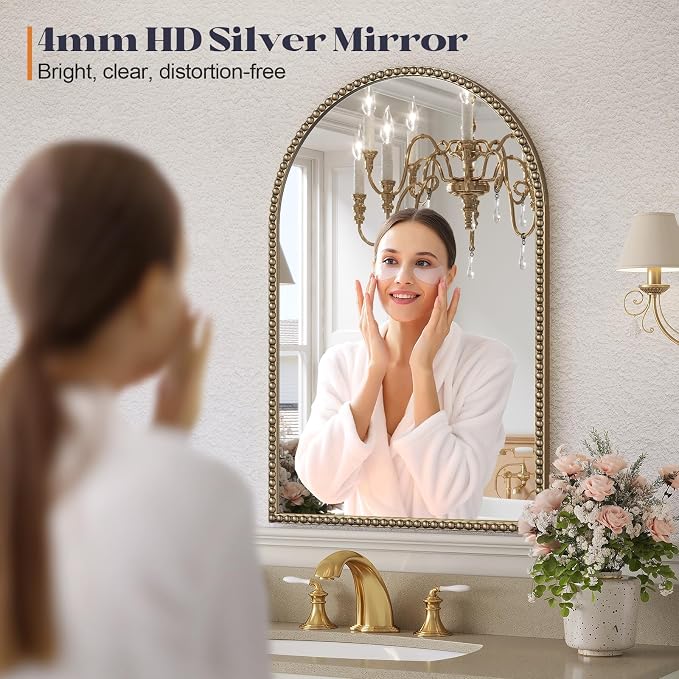 Arched Beaded Mirror, 28"x36" Champagne Bronze Mirror for Bathroom | Gold Arched Vanity Wall Mirrors with Brass Antique Metal Frame for Over Sink,Entryway,Bedroom,Living Room Fireplace Mantel