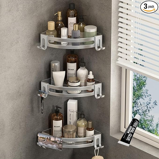 Corner Shower Caddy with Razor Holder Adhesive Shower Shelf Corner No Drilling Corner Shower Organizer Storage Rack Shampoo Holder Wall Mount (3-Pack, Silver)