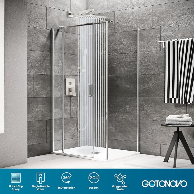 gotonovo Shower Faucet Set with Handheld Spray Brushed Nickel,12'' Head | SUS304 Rainfall Shower Head and Handle Set System Fixture,Pressure Balance Valve Trim Kit,Single Handle,Wall Mount,All Metal