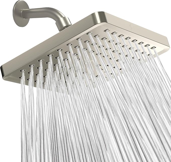SparkPod Rain Shower Head, 8 Inch Square, Elegant Brushed Nickel Finish | High Pressure Shower Heads, 90 Nozzles, Adjustable Showerhead, No Tools Needed, Universal Connection