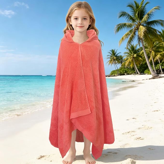 VOOVA & MOVAS Kids Hooded Bath Towel, 6-10 Years, 100% Cotton,Pink Waffle | Soft Waffle Texture, Heavy Density Fabric, Suitable for Bath, Pool, Swim and Beach