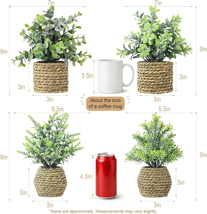Small Fake Plants, 4 Pack Artificial Plants in Handwoven Seagrass Baskets | Natural Woven Texture, 4 Unique Plant Designs, Shelf, Desk & Table Decor, Realistic Faux Greenery, Farmhouse & Boho Decor