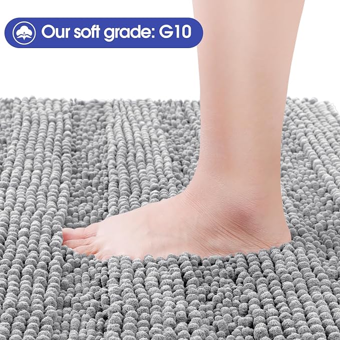 Striped Light Grey Bathroom Rug Mat 32"x20" Ultra Soft, Non Slip Chenille Bath Rugs, Absorbent Plush Shaggy Bath Mats for Bathroom, Bedroom, Kitchen, Shower, Tub,Light Gray