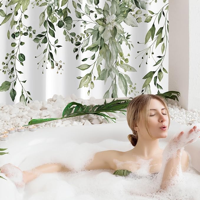 Olive Green Eucalyptus Shower Curtain, Floral Print, 72x78 | Watercolor Plant Leaves Floral Print, Long Waterproof Fabric Bathroom Decor, Machine Washable, Rustproof Grommets