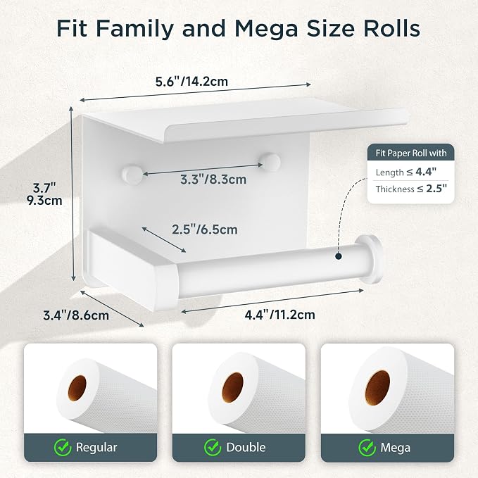 FORIOUS Toilet Paper Holder with Shelf, Adhesive or Screw, White | Wall Mount Toilet Paper Roll Holder for Bathroom, Stainless Steel Commercial Toilet Tissue Roll Dispenser with Phone Shelf