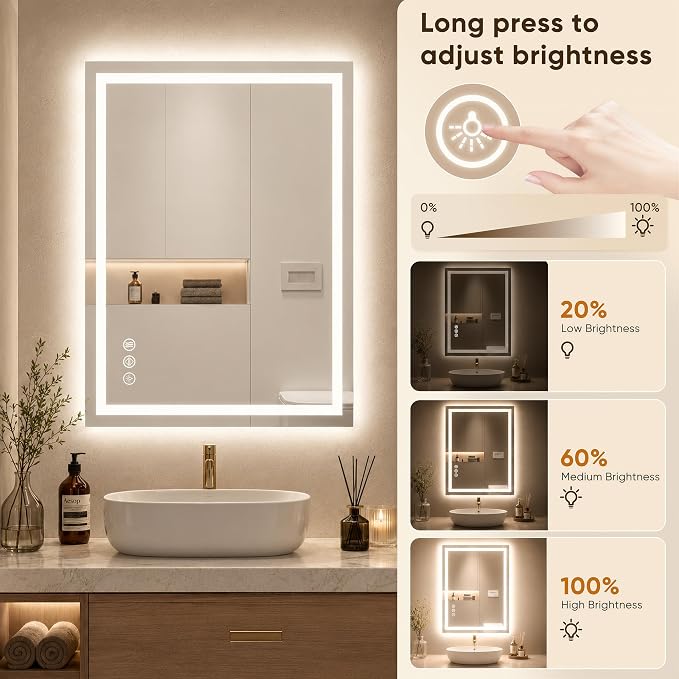 Antok 60x36 LED Bathroom Mirror with Lights, Backlit + Front Lit Vanity Mirror with CRI>90, Dimmable Anti-Fog Smart Mirror with Memory Function, 3 Color Temperatures, Shatterproof Tempered Glass, ETL