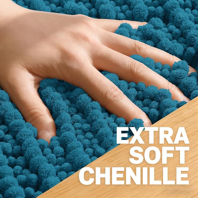 OLANLY Bathroom Rugs 44x24, Thick Soft Absorbent Chenille Bath Rugs | Peacock Blue, Shaggy Bath Mat with Quick-Drying Rubber Backing, Washable for Floor, Tub and Shower, Home Decor Accessories