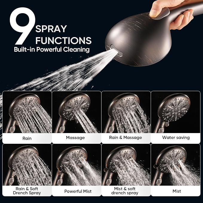 Cobbe 9 Spray Modes Handheld Shower Head, Water-Saving, ORB | Power Rinse, 1-Click Pause & Flow Control, 6ft Stainless Steel Hose, Adjustable Brass Bracket