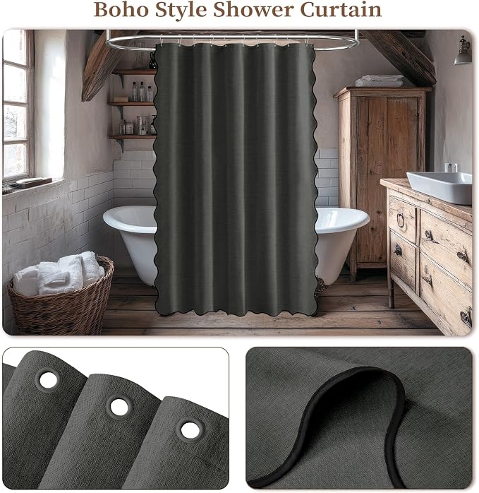 60x72 Boho Scalloped Linen Textured Shower Curtain Set, Charcoal Grey | Narrow Size, 230GSM Waterproof Polyester, Heavy Duty Fabric, 10 Plastic Hooks, Chic Modern Farmhouse Style, Machine Washable