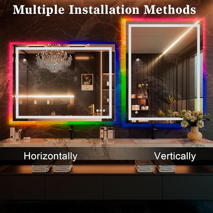 WTTY 60"x36" RGB LED Bathroom Mirror with Light | 8 Color Backlight + 3 Color Front Light, Anti-Fog, Dimmable, Memory Function, Tempered Glass, IP54 Waterproof, ETL Listed