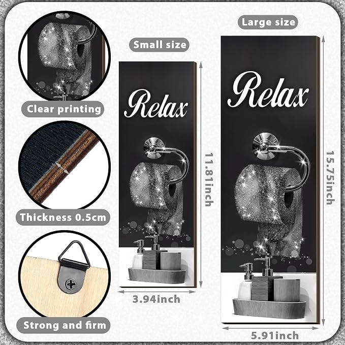 Honoson 4 Pcs Bathroom Decor Wall Art Farmhouse Bathroom Pictures Wall Decor Soak Unwind Relax Breathe Wood Hanging Sign for Home Spa Laundry(Classic,Black Glitter,15.7 x 5.9 Inch)