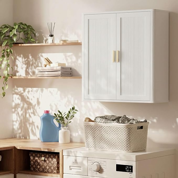 Bathroom Storage Cabinet, Over The Toilet Storage Cabinet, Medicine Cabinet with Adjustable Wood Shelf & Doors for Laundry Room & Kitchen & Living Room(White)