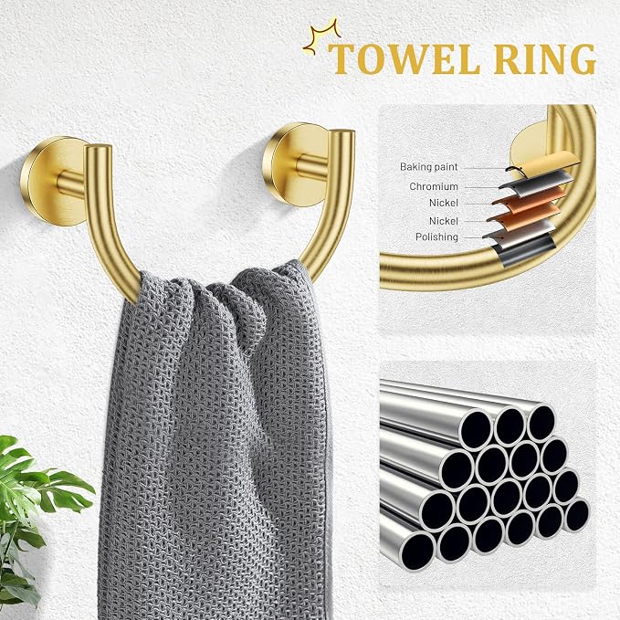 TURS 5-Pieces Brushed Gold Bathroom Hardware Accessories Set 23.6inch SUS304 Stainless Steel Towel Bar Set Wall Mounted Toilet Paper Holder with Shelf