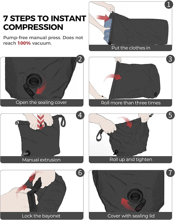 Travel Laundry Bag, Pump-Free Vacuum Compression Dirty Clothes Bag, Small Reusable Waterproof & Washable Laundry Bag, Wet and Dry Bag, Ideal for Suitcases, Road Trip Essentials (1 Pack) Black