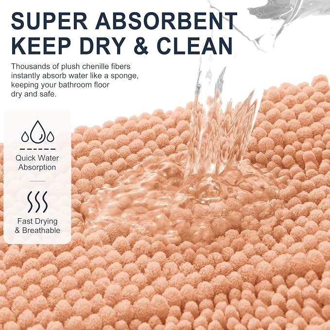 Smiry Thick Chenille Bathroom Rugs 36x24, Soft Absorbent Bath Mat, Peach | Quick‑Dry & Machine Washable, Non‑Slip Bath Carpet, Striped Bath Rugs for Tub & Shower, Modern Home Decor Accessories