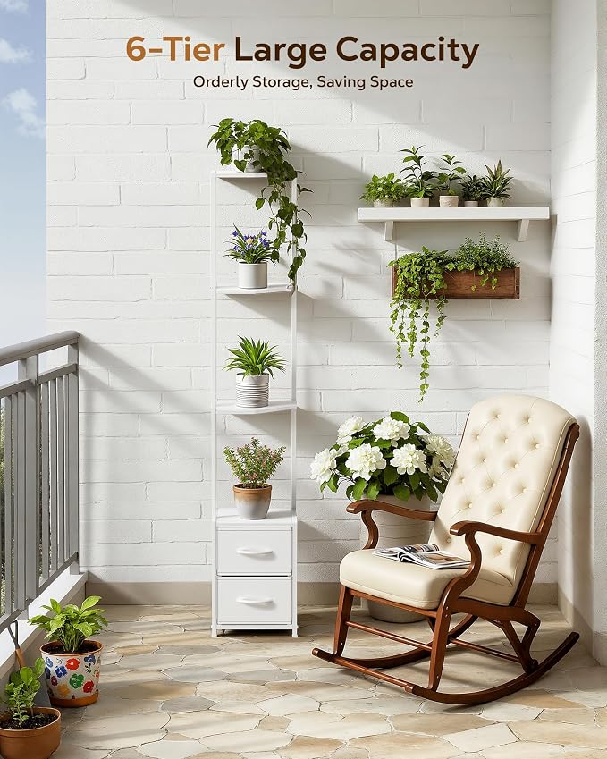 Housolution 6 Tier Corner Shelf Stand with Storage and Fabric Drawers,White | 63.4'' Tall Narrow Corner Bookshelf, Freestanding Corners Storage Shelf for Living Room Bedroom Small Space
